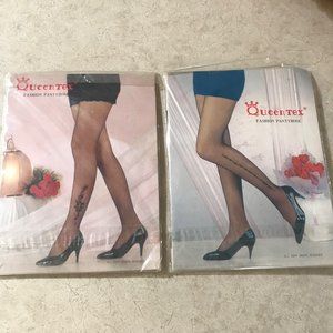 2 Pair New Queen Tex Fashion Pantyhose Black Embroidery One Size Nylon